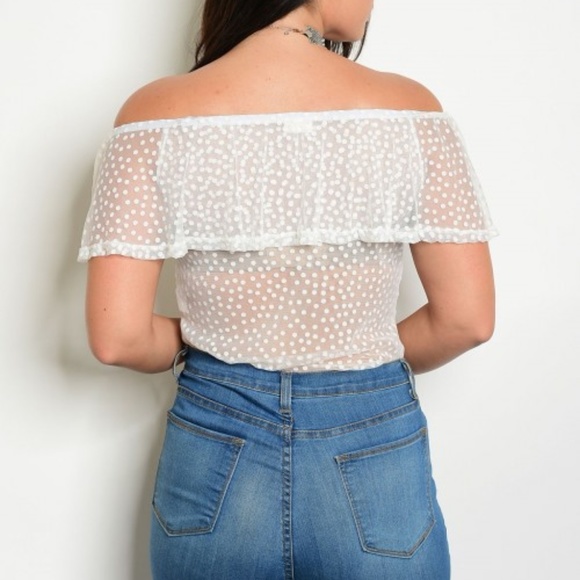 White Off the Shoulder Polka Dot Bodysuit - Plus. - Picture 2 of 5